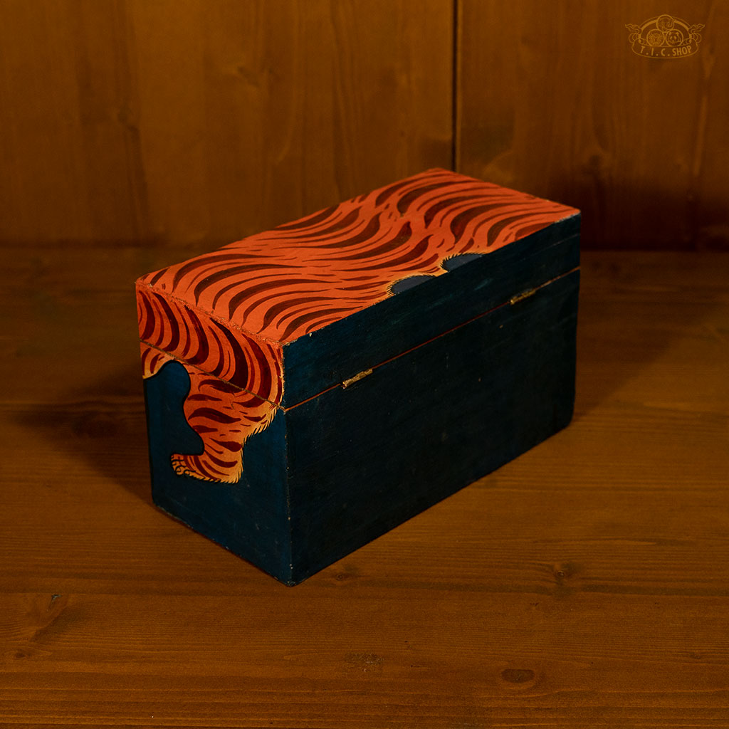 Tiger Motif Hand-Painted Wooden Treasure Chest Jewelry Box Dark Blue