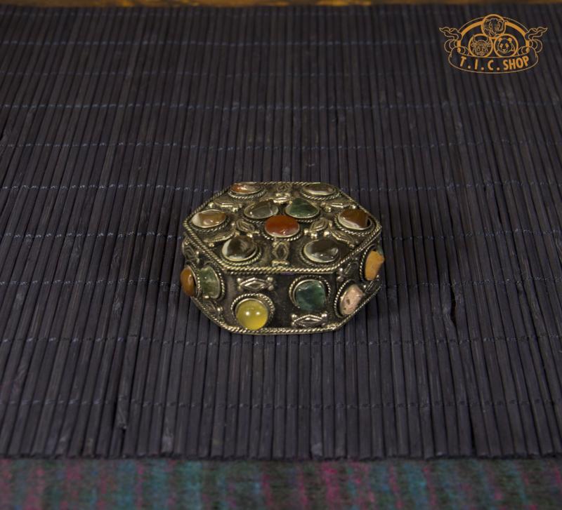 Tibetan Natural Stones Hexagon-Shaped Metal Trinket Box / Jewelry Box