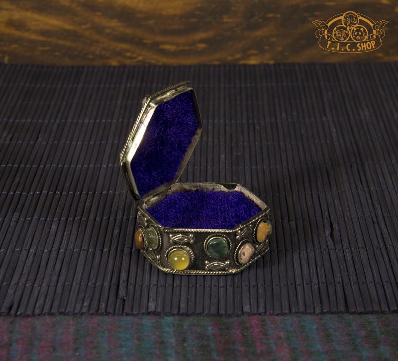 Tibetan Natural Stones Hexagon-Shaped Metal Trinket Box / Jewelry Box