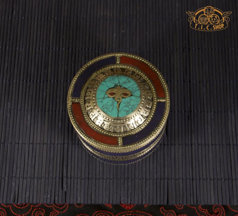 Wisdom Eyes & Om Mantras Tibetan Style Stone Inlay Metal Trinket Box / Jewelry Box