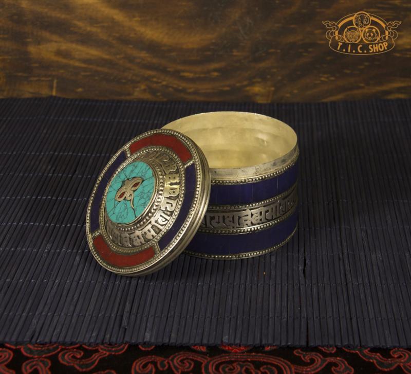 Wisdom Eyes & Om Mantras Tibetan Style Stone Inlay Metal Trinket Box / Jewelry Box