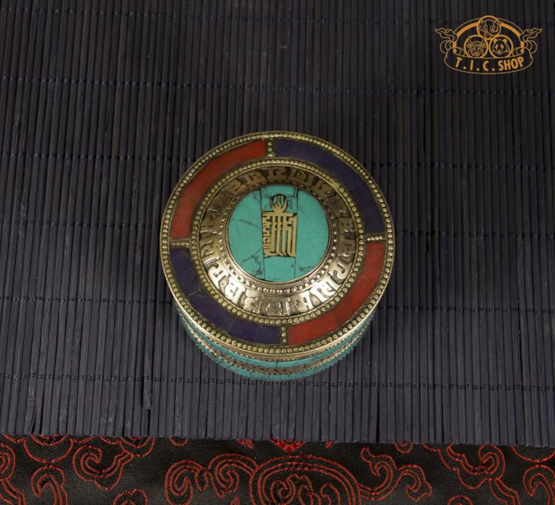 Kalachakra & Om Mantras Tibetan Style Stone Inlay Metal Trinket Box / Jewelry Box
