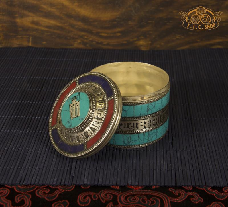 Kalachakra & Om Mantras Tibetan Style Stone Inlay Metal Trinket Box / Jewelry Box