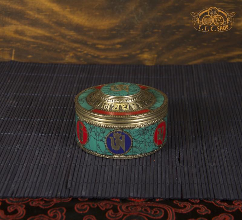 Om Mantras Tibetan Style Stone Inlay Metal Trinket Box / Jewelry Box