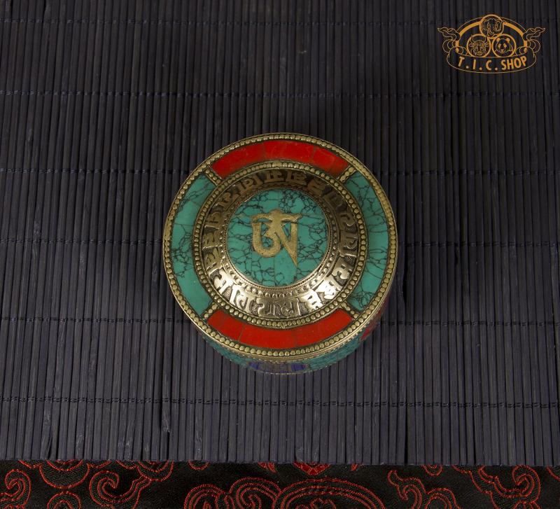 Om Mantras Tibetan Style Stone Inlay Metal Trinket Box / Jewelry Box