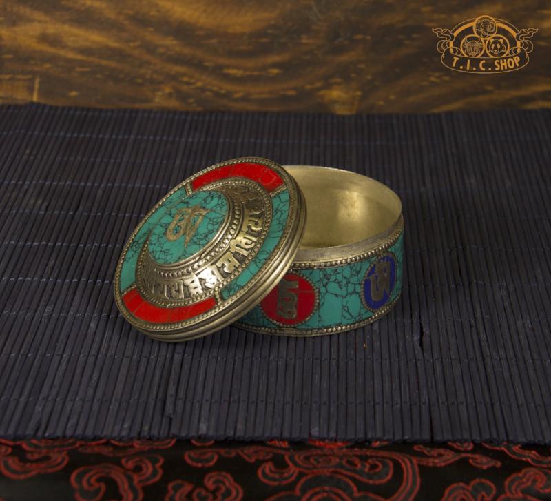 Om Mantras Tibetan Style Stone Inlay Metal Trinket Box / Jewelry Box