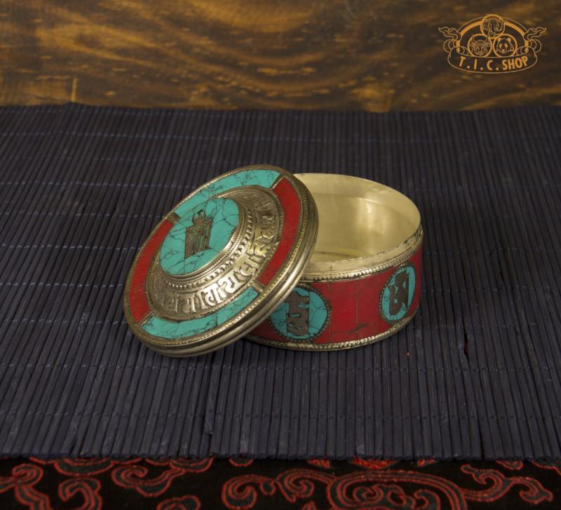Kalachakra & Om Mantra Tibetan Style Stone Inlay Metal Trinket Box / Jewelry Box