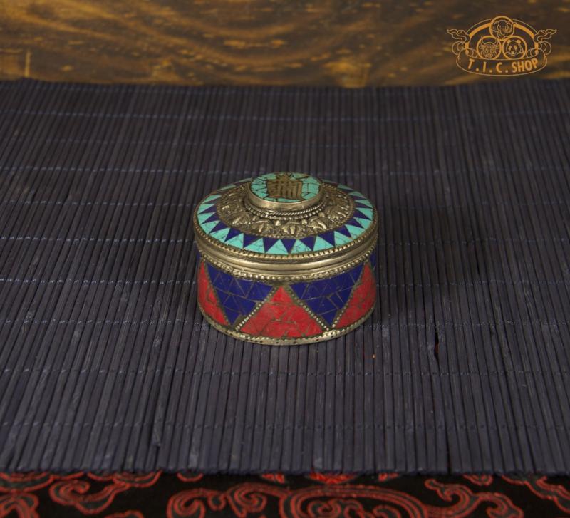 Kalachakra Tibetan Style Stone Inlay Metal Trinket Box / Jewelry Box