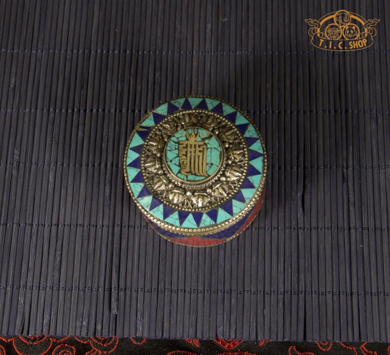 Kalachakra Tibetan Style Stone Inlay Metal Trinket Box / Jewelry Box