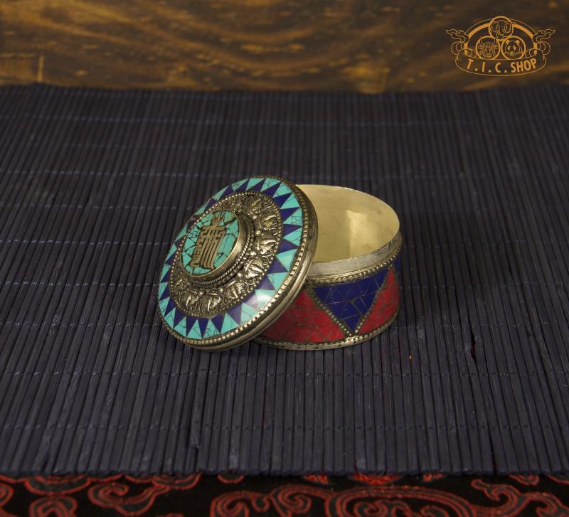 Kalachakra Tibetan Style Stone Inlay Metal Trinket Box / Jewelry Box