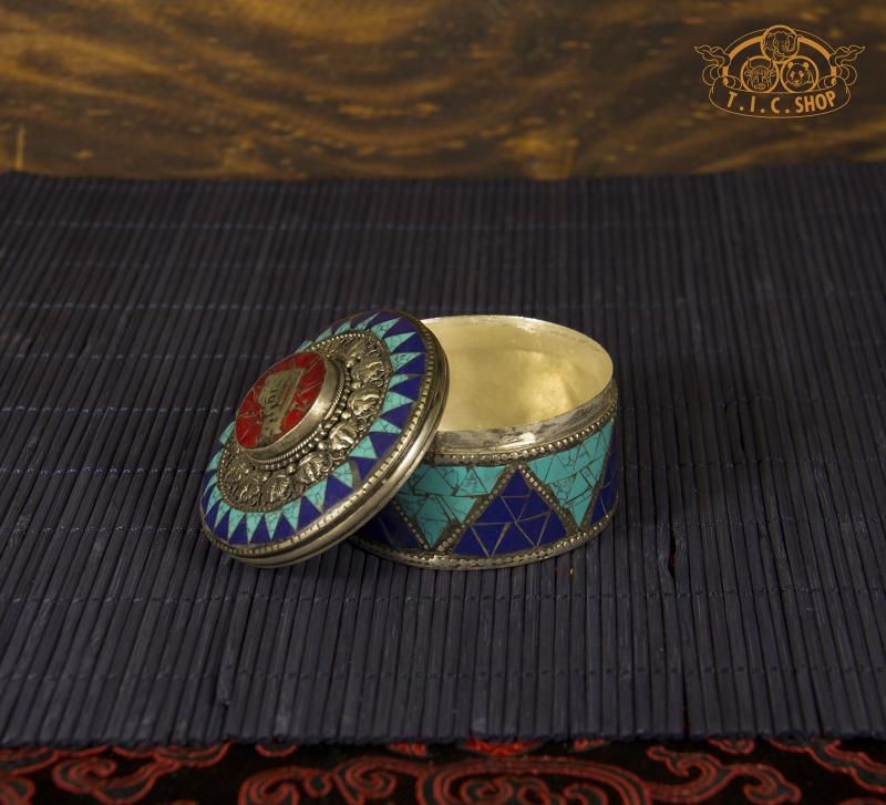 Kalachakra Tibetan Style Stone Inlay Metal Trinket Box / Jewelry Box