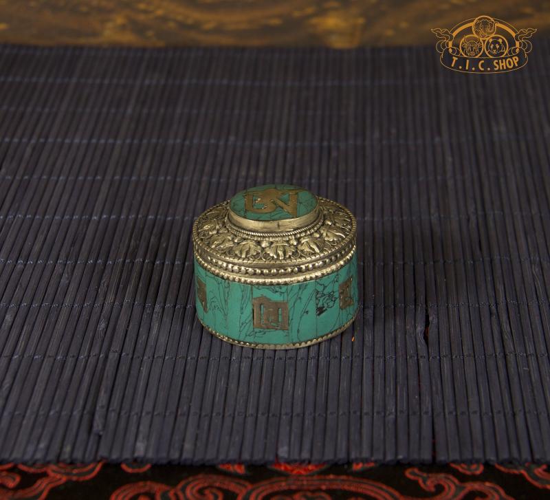Om Mantras Tibetan Style Stone Inlay Metal Trinket Box / Jewelry Box