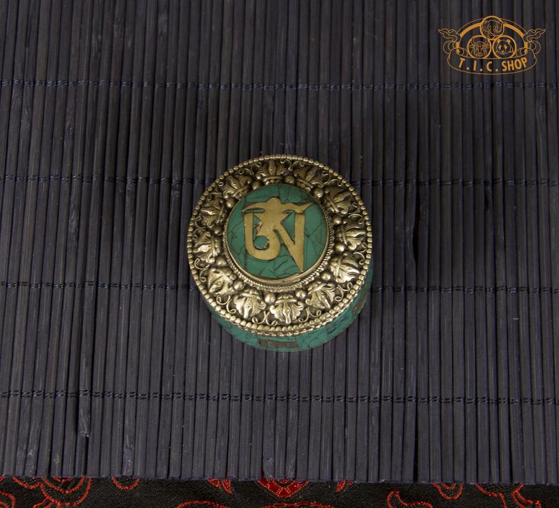Om Mantras Tibetan Style Stone Inlay Metal Trinket Box / Jewelry Box