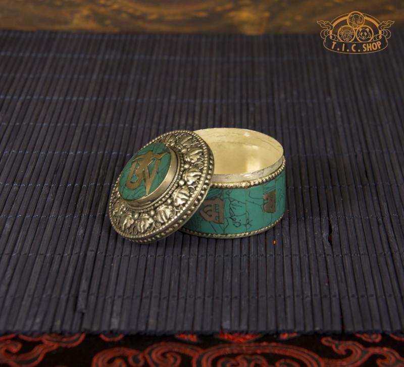 Om Mantras Tibetan Style Stone Inlay Metal Trinket Box / Jewelry Box