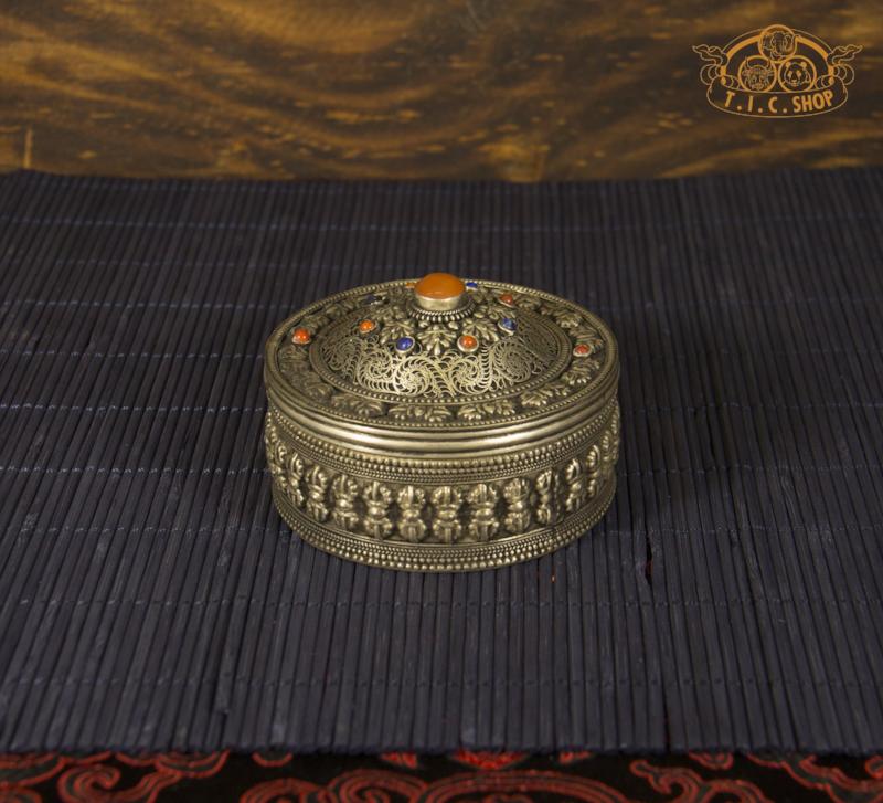 Vajra Motifs Tibetan Natural Stones Metal Filigree Trinket Box / Jewelry Box