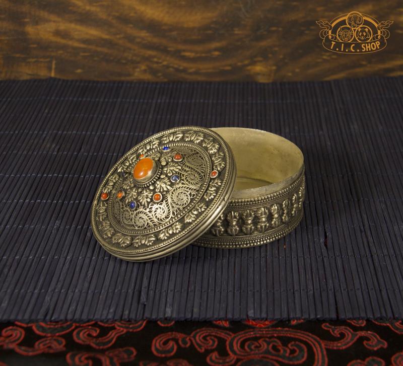 Vajra Motifs Tibetan Natural Stones Metal Filigree Trinket Box / Jewelry Box