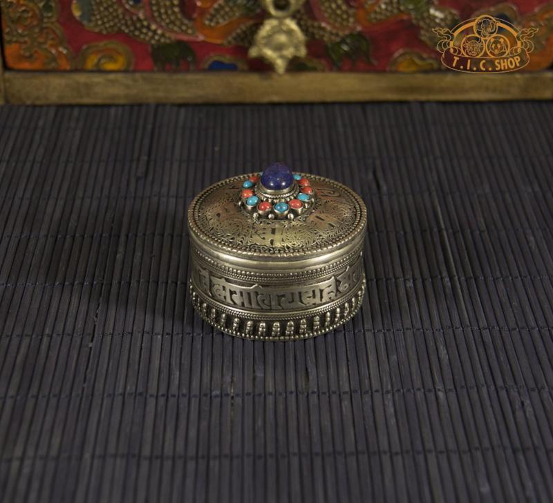 Om Mantras Tibetan Natural Stones Metal Filigree Trinket Box / Jewelry Box