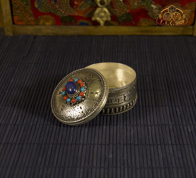 Om Mantras Tibetan Natural Stones Metal Filigree Trinket Box / Jewelry Box