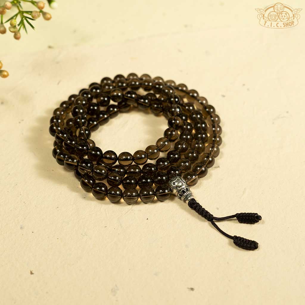 'Morning Haze' Smoky Quartz 8mm 108-Bead Traditional Prayer Mala with 925silver Guru Bead