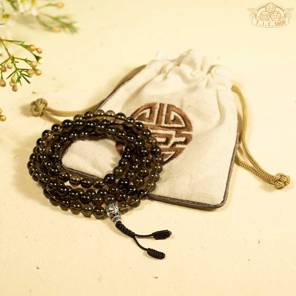 'Morning Haze' Smoky Quartz 8mm 108-Bead Traditional Prayer Mala with 925silver Guru Bead