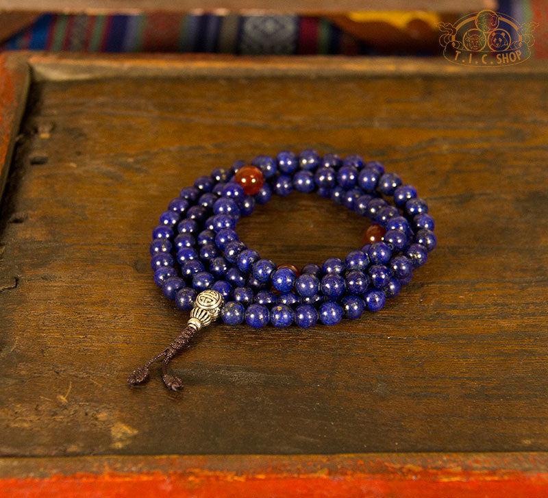 'Enchanting Evening' Lapis Lazuli 6mm 108 Beads Mala with 925 Silver Long Life Guru Bead