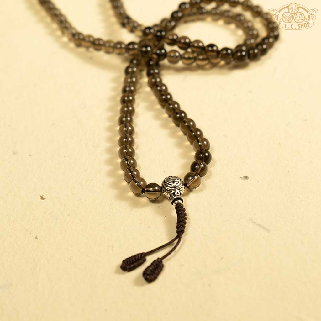'Morning Haze' Smoky Quartz 6mm 108-Bead Traditional Prayer Mala with 925silver Guru Bead