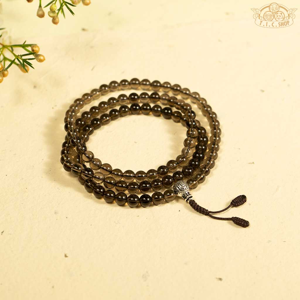 'Morning Haze' Smoky Quartz 6mm 108-Bead Traditional Prayer Mala with 925silver Guru Bead