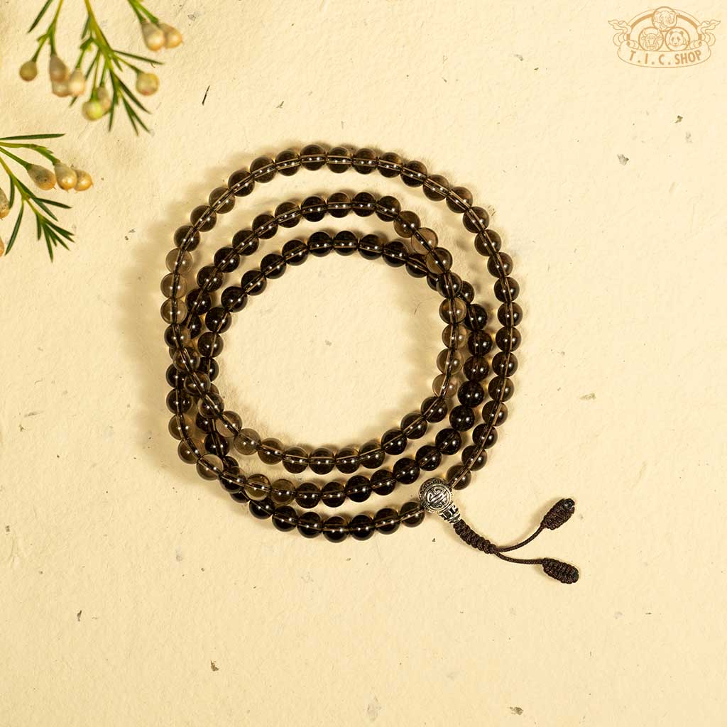 'Morning Haze' Smoky Quartz 6mm 108-Bead Traditional Prayer Mala with 925silver Guru Bead