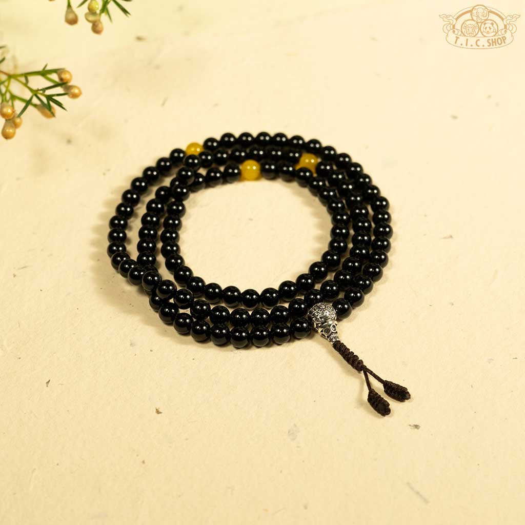 'Unlit Lanterns' Obsidian 6mm 108-Bead Traditional Prayer Mala