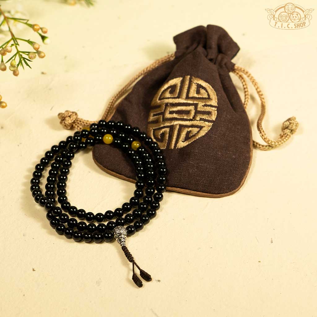 'Unlit Lanterns' Obsidian 6mm 108-Bead Traditional Prayer Mala