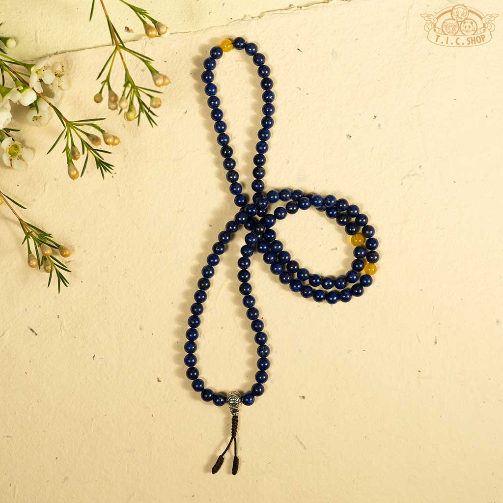 'Enchanting Eventide' Lapis Lazuli 6mm 108 Beads Mala with 925 Silver Long Life Guru Bead