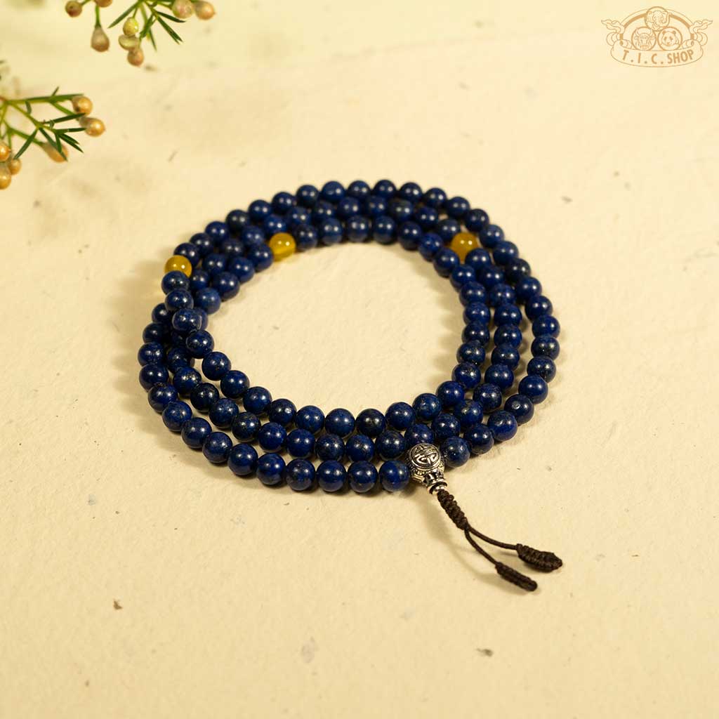 'Enchanting Eventide' Lapis Lazuli 6mm 108 Beads Mala with 925 Silver Long Life Guru Bead