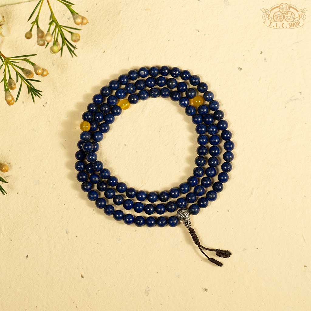 'Enchanting Eventide' Lapis Lazuli 6mm 108 Beads Mala with 925 Silver Long Life Guru Bead