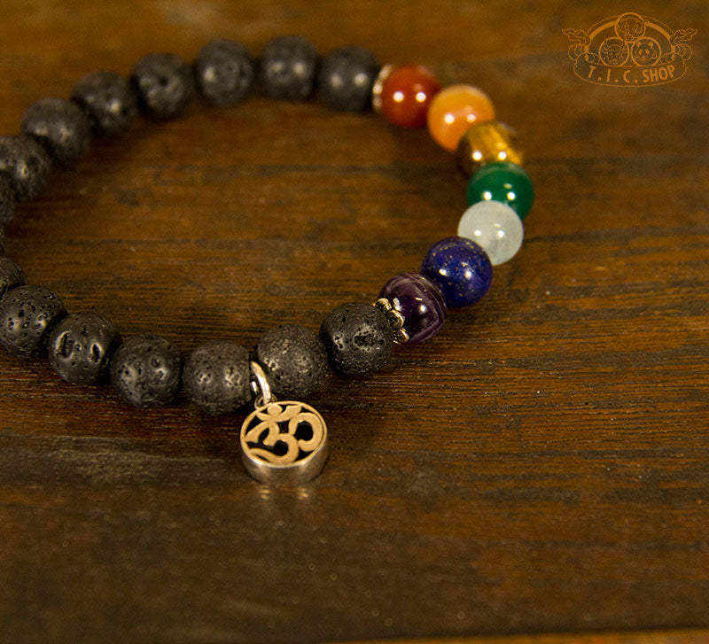 Yoga Seven Chakra Energy 8mm Beads Bracelet with 925 Silver OM Symbol
