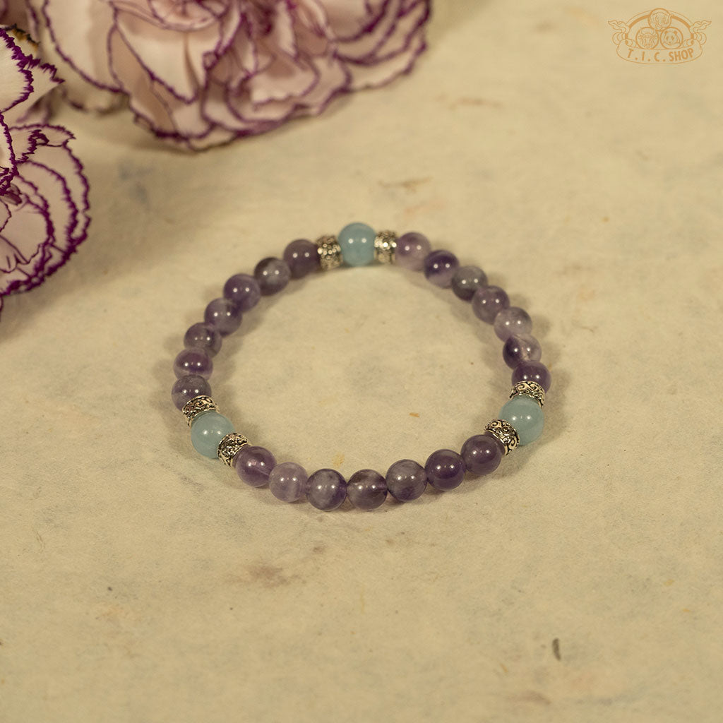 'Three Miraculous Ideas' Amethyst 6mm Beads Bracelet with Aquamarine