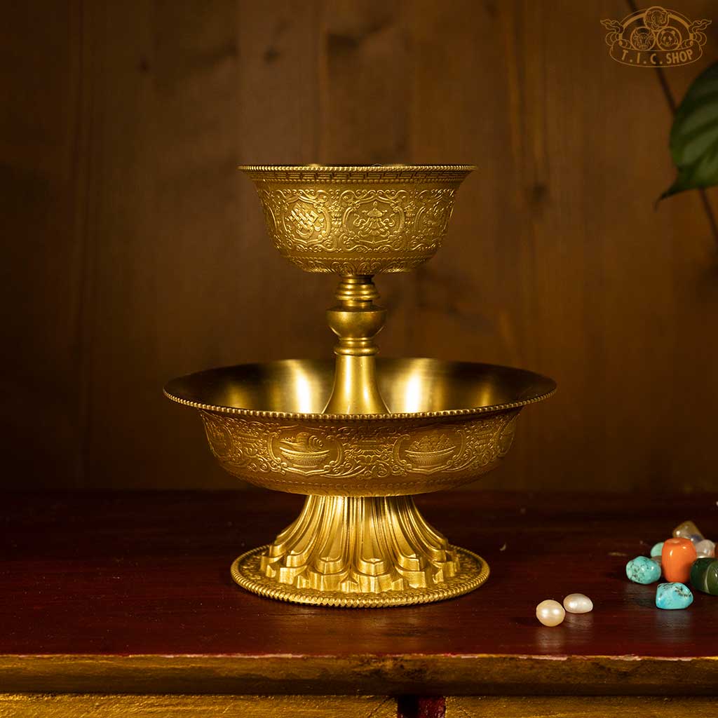 Brass Serkyem set with Eight Auspicious Symbols for Tibetan Golden Drink offering ritual
