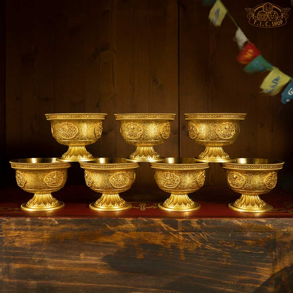 Tibetan brass offering bowls set_ 10cm Diameter with Eight Auspicious Symbols engraving – traditional altar water offering bowl