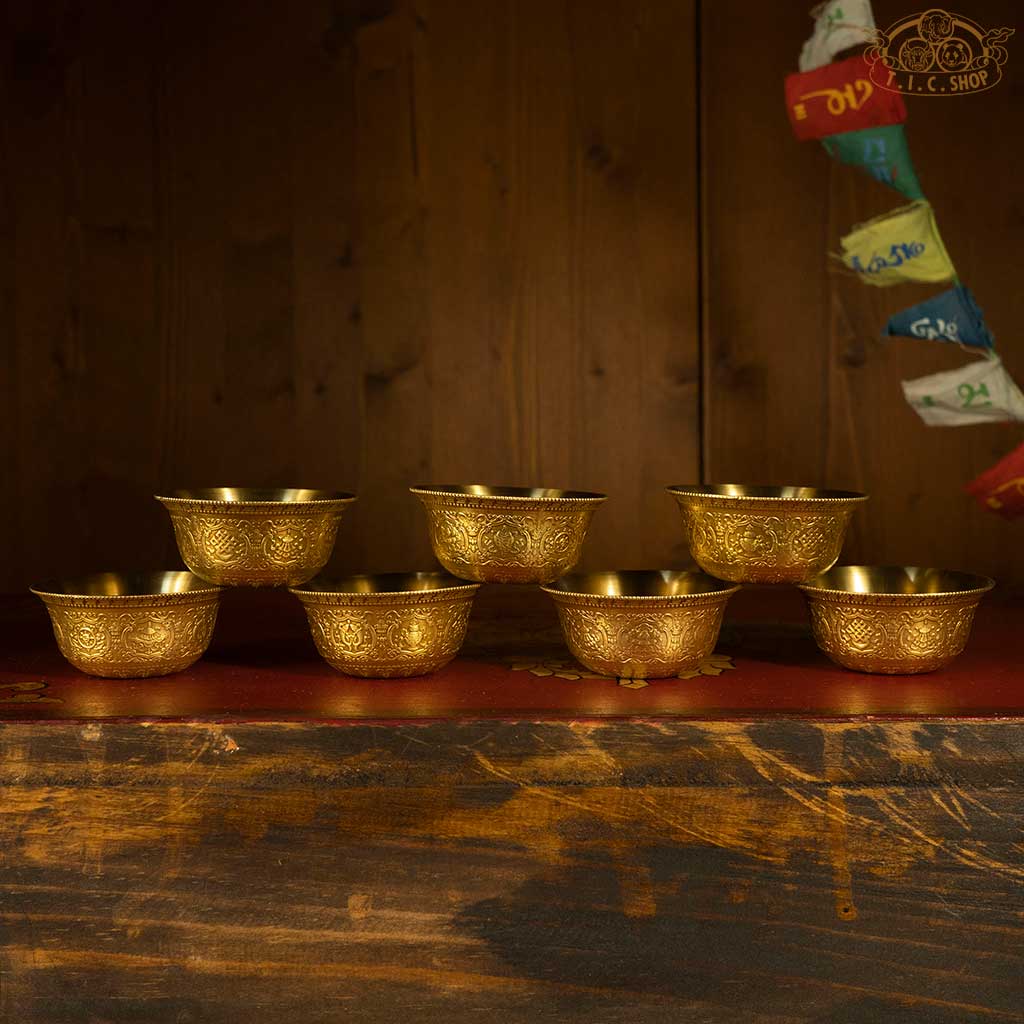 Tibetan brass offering bowl with Eight Auspicious Symbols engraving – traditional altar water offering bowl