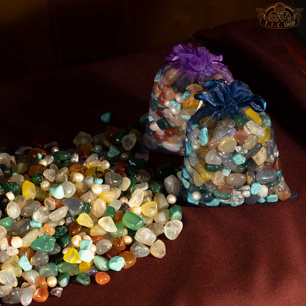 Auspicious Stones for Mandala Offering, 300g pack with colorful agate, pearls, and imitation turquoise, used in Tibetan Buddhist rituals.