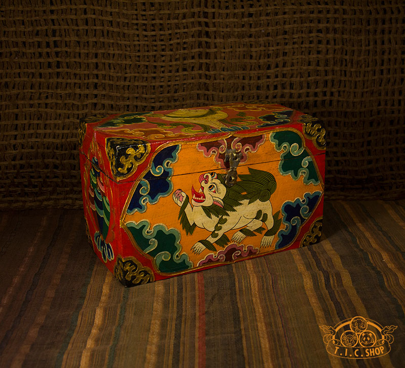 Snow Lion Nepali Hand-Painted Wooden Treasure Chest Jewelry Box