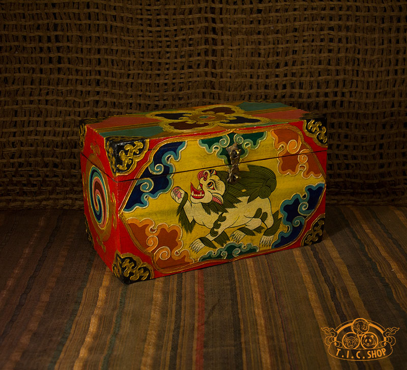 Snow Lion Nepali Hand-Painted Wooden Treasure Chest Jewelry Box