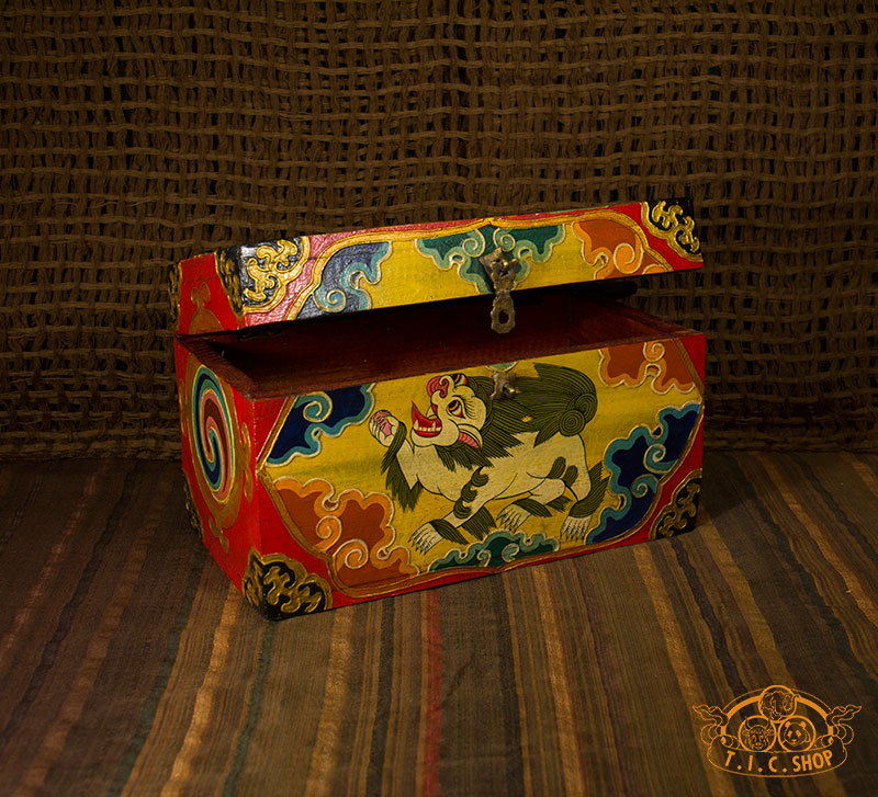 Snow Lion Nepali Hand-Painted Wooden Treasure Chest Jewelry Box