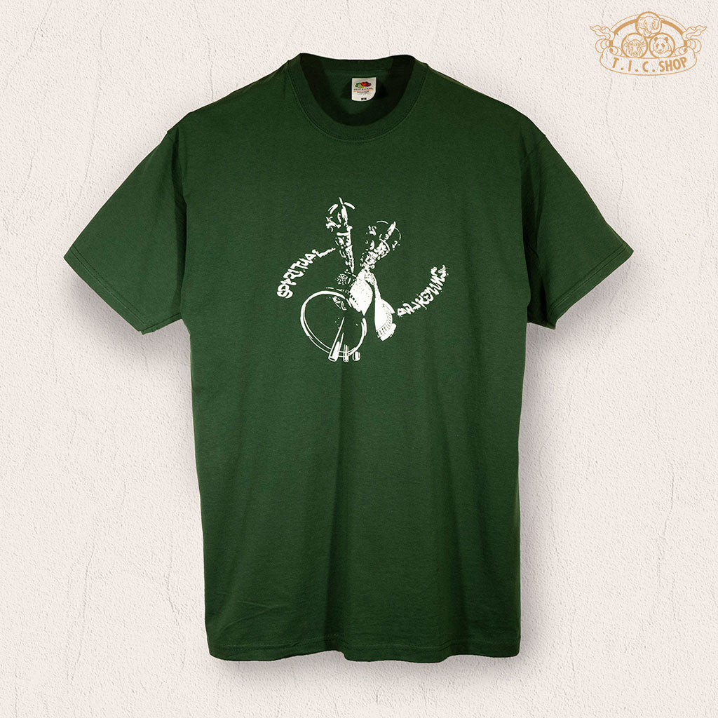 Front view of Spiritual Awakening men's T-shirt with Vajra and Bell pattern.
