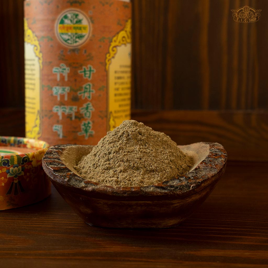 Ganden Monastery's Tibetan incense powder displayed in a plate