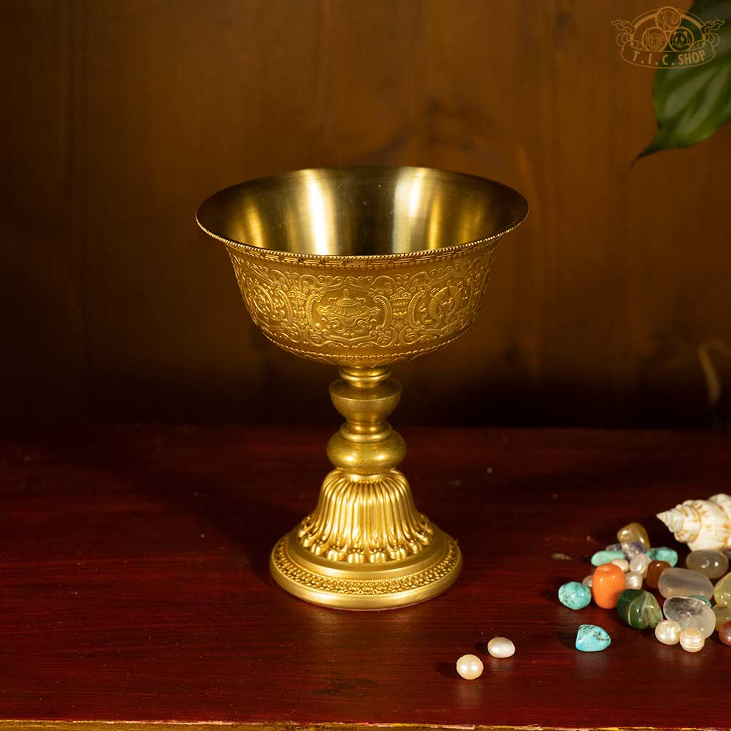 Top view of Tibetan brass butter lamp, highlighting the circular opening and ornate Tibetan patterns.