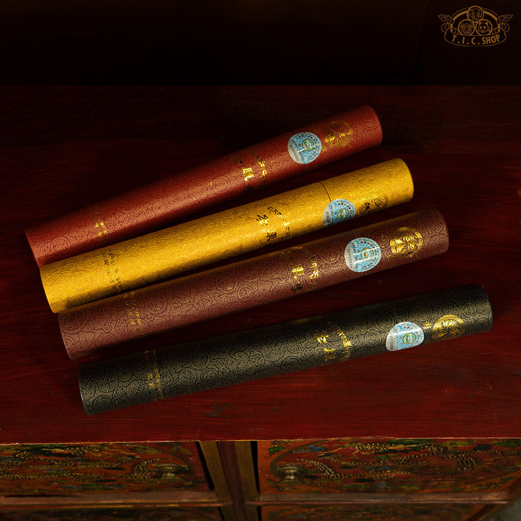 Traditional Tibetan incense with round paper tube package for temple rituals, mental well-being, and cleansing negative energy