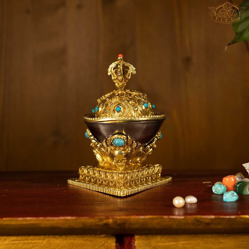 Tibetan Kapala skull cup made of brass and stainless steel, 10 cm x 8 cm, used in Vajrayana tantric rituals and meditation.