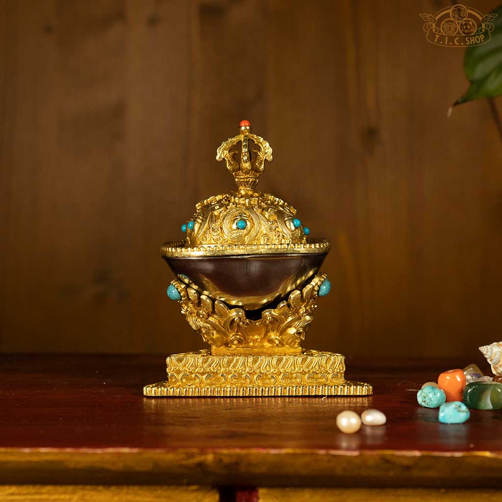 Brass and stainless steel Kapala, traditional Tibetan ritual skull cup, symbolizing transformation and mindfulness in tantric meditation.