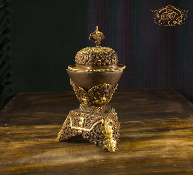 Handcrafted Brass Kapala, 14 cm tall, traditional Tibetan Buddhist ritual skull cup for meditation and ceremonial offerings.