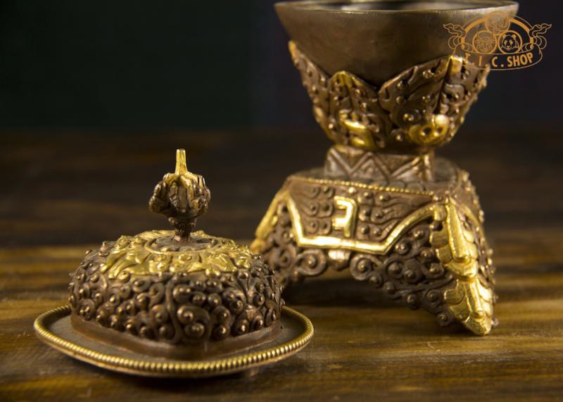 Detailed close-up of a finely crafted Himalayan Kapala, showing the intricate craftsmanship of brass for Vajrayana practices.